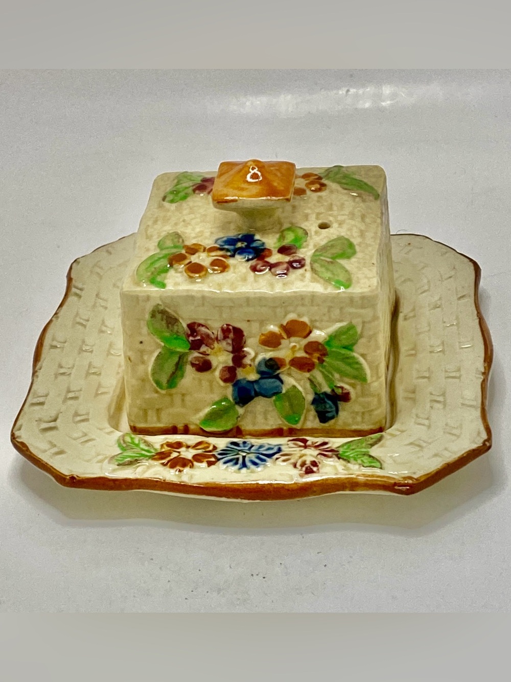 ✅ Vintage Unique Antique Majolica Floral Butter Dish With Lid Made In Japan